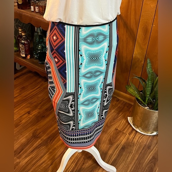 🛍️BISOU BISOU Black, teal multi graphic stretchy pencil skirt size M. - Picture 6 of 9